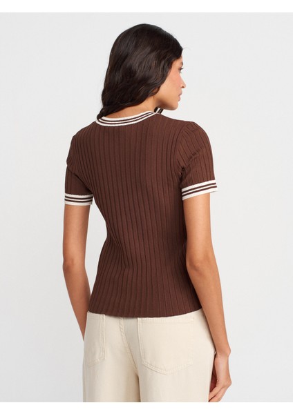 10765 Bisiklet Yaka Çizgili Triko Bluz-Kahve-Krem fiyatları