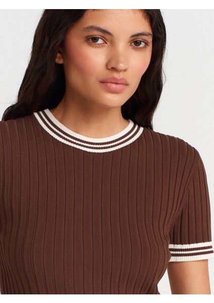 10765 Bisiklet Yaka Çizgili Triko Bluz-Kahve-Krem modelleri