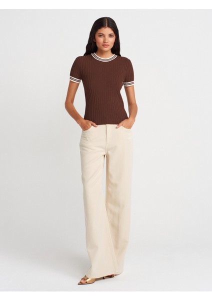 10765 Bisiklet Yaka Çizgili Triko Bluz-Kahve-Krem fırsatları