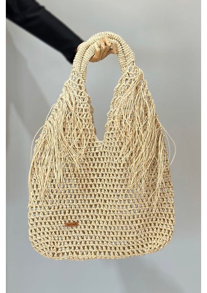 El Örgüsü Hasır Çanta Plaj Çantası 026 Bej