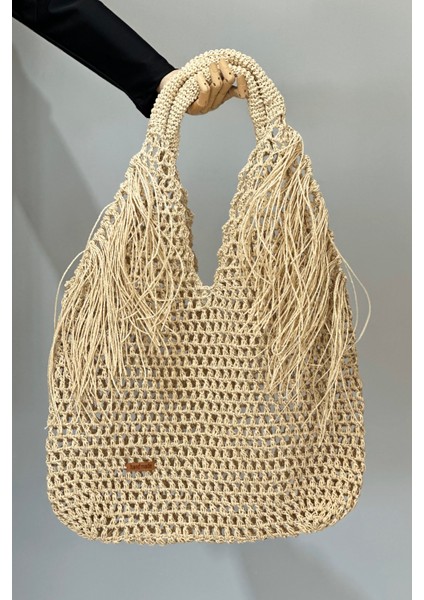 El Örgüsü Hasır Çanta Plaj Çantası 026 Bej modelleri