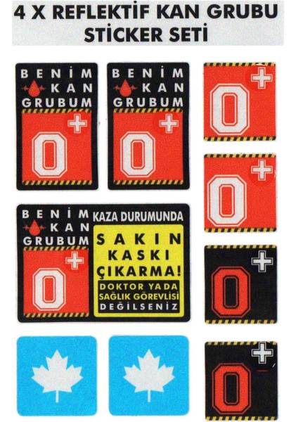 Çınar Extreme® 0 Rh+ (Pozitif) Kaskımı Çıkartma Yazılı 7 Parçalı Reflektif Kan Grubu Sticker Seti
