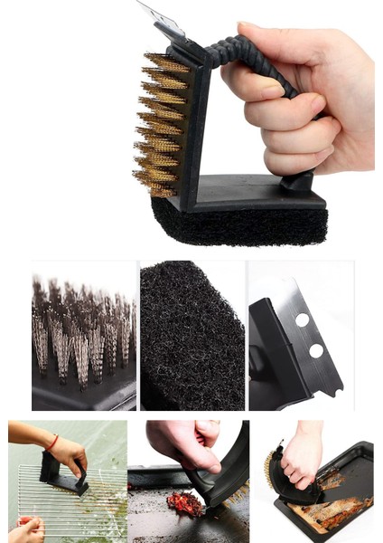 Mangal Temizleme Fırçası Üçü Birarada Tel Fırça Sünger Kazıyıcı AF029