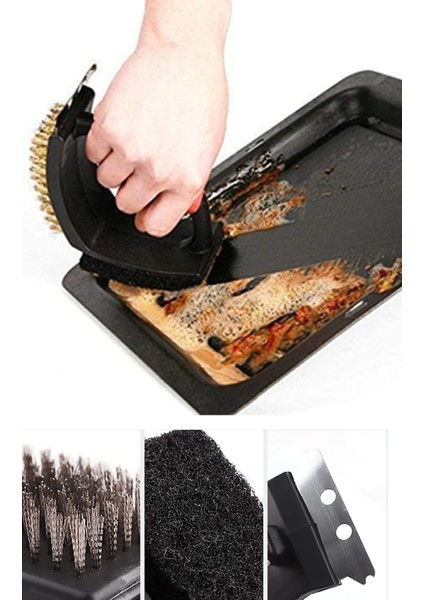 Mangal Temizleme Fırçası Üçü Birarada Tel Fırça Sünger Kazıyıcı AF029 fiyatları