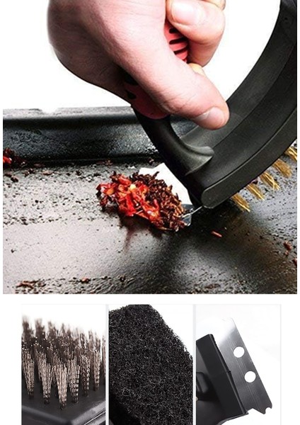 Mangal Temizleme Fırçası Üçü Birarada Tel Fırça Sünger Kazıyıcı AF029 fırsatları