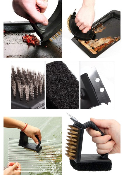 Mangal Temizleme Fırçası Üçü Birarada Tel Fırça Sünger Kazıyıcı AF029 indirimleri