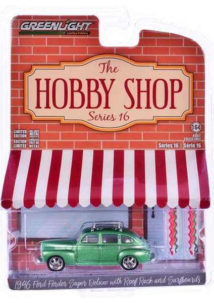 The Hobby Shop Series 16 - 1946 Ford Fordor Super Deluxe Green Metallic With White Interior And Roof Rack With Surfboards