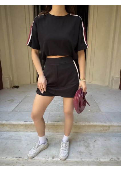 Osy Modal Yumuşak Dokulu Kumaş Kadın Parçalı Bisiklet Yaka T-Shirt Mini Şortlu Etek Ikili Takım - Siyah