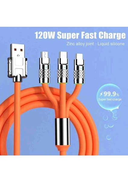 T-Max 120W USB Pd Hızlı Şarj Kablosu - 3 Başlıklı (Type-C, Lightning, Micro Usb) - Dayanıklı Silikon