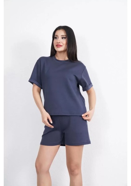 Osy Modal Yumuşak Dokulu Kumaş Kadın Bisiklet Yaka T-Shirt Kısa Şort Ikili Takım - Antrasit