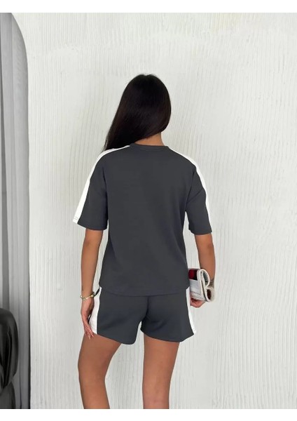 Osy Modal Yumuşak Dokulu Kumaş Kadın Parçalı Bisiklet Yaka T-Shirt Kısa Şort Ikili Takım - Antrasit