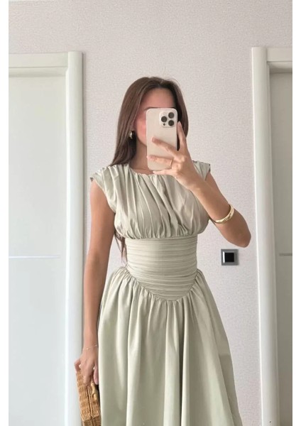 Kadın Kolsuz Bel Detaylı Yazlık Poplin Kumaş Uzun Elbise - Yeşil
