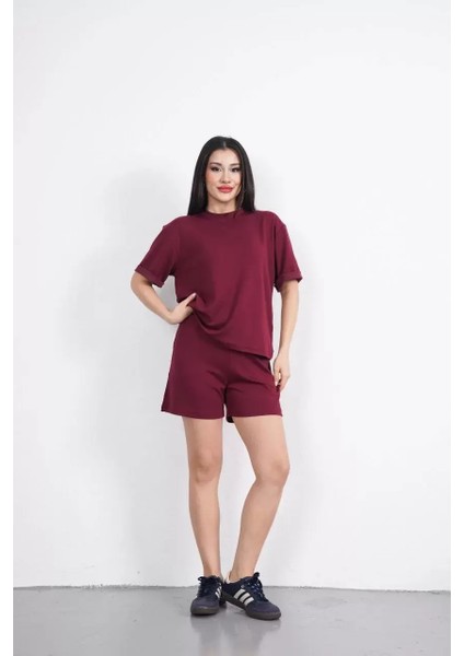 Osy Modal Yumuşak Dokulu Kumaş Kadın Bisiklet Yaka T-Shirt Kısa Şort Ikili Takım - Bordo