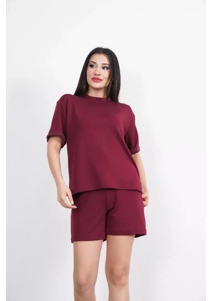 Osy Modal Yumuşak Dokulu Kumaş Kadın Bisiklet Yaka T-Shirt Kısa Şort Ikili Takım - Bordo