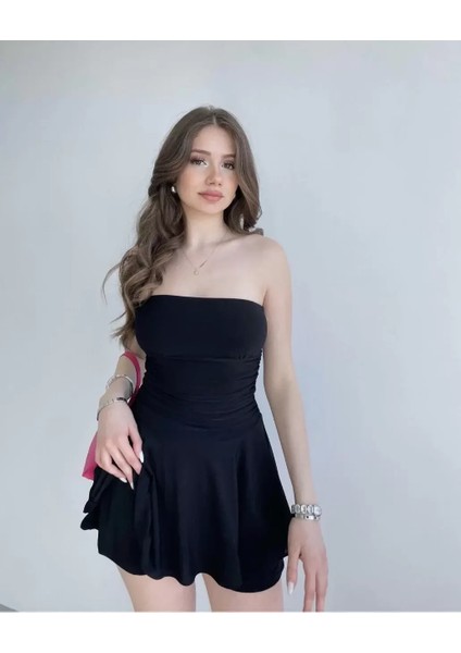 Kadın Straplez Sandy Kumaş Şortlu Prenses Etek Mini Klos Elbise- Siyah fiyatları