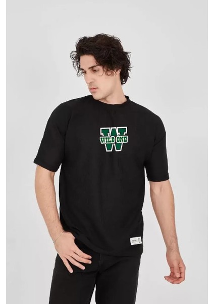 Unisex Waffle Kumaş Çift Katlamalı Kol Baskılı T-Shirt - Siyah
