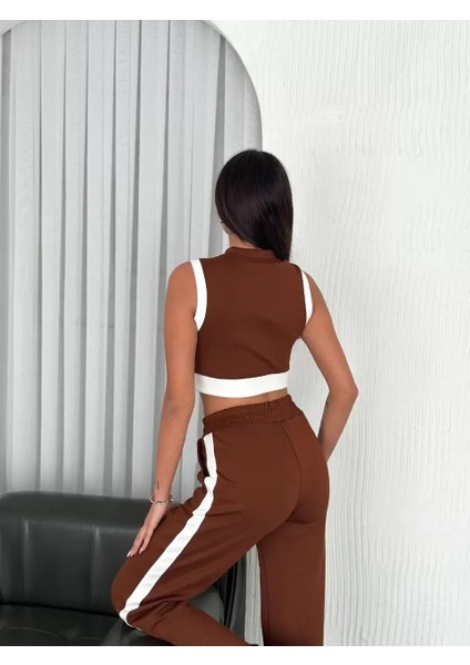 Osy Modal Yumuşak Dokulu Kumaş Tam Fermuarlı Crop Pantalon Ikili Takım - Kahverengi