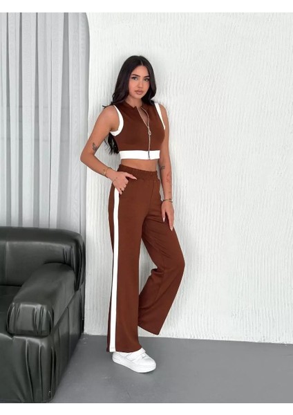 Osy Modal Yumuşak Dokulu Kumaş Tam Fermuarlı Crop Pantalon Ikili Takım - Kahverengi