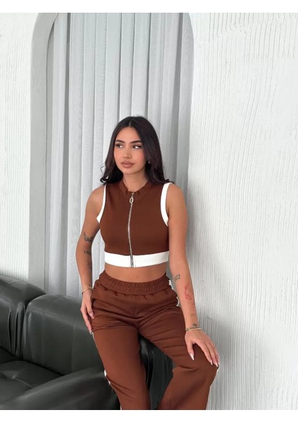 Osy Modal Yumuşak Dokulu Kumaş Tam Fermuarlı Crop Pantalon Ikili Takım - Kahverengi