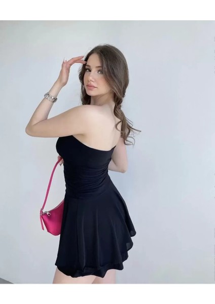Kadın Straplez Sandy Kumaş Şortlu Prenses Etek Mini Klos Elbise- Siyah fırsatları