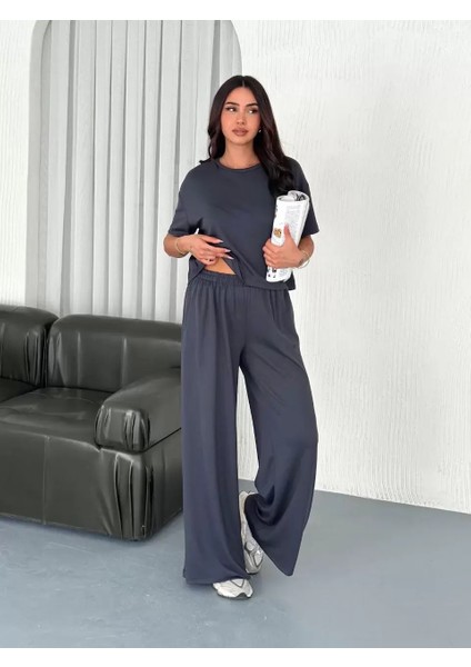Osy Modal Yumuşak Dokulu Kumaş Bisiklet Yaka T-Shirt Bol Paça Pantalon Ikili Takım -Antrasit
