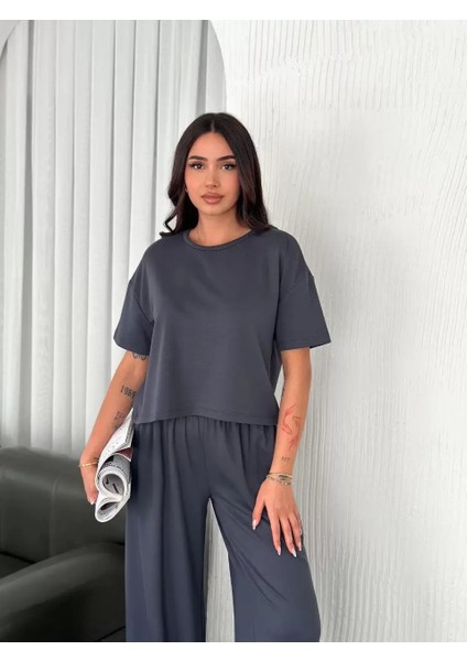 Osy Modal Yumuşak Dokulu Kumaş Bisiklet Yaka T-Shirt Bol Paça Pantalon Ikili Takım -Antrasit