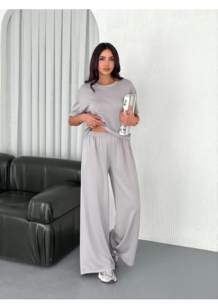 Osy Modal Yumuşak Dokulu Kumaş Bisiklet Yaka T-Shirt Bol Paça Pantalon Ikili Takım - Boyalı Gri