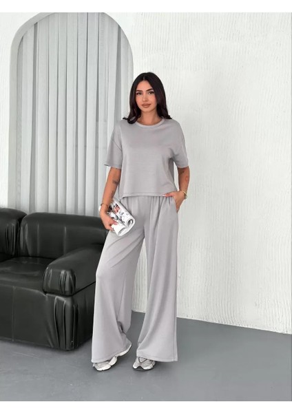 Osy Modal Yumuşak Dokulu Kumaş Bisiklet Yaka T-Shirt Bol Paça Pantalon Ikili Takım - Boyalı Gri