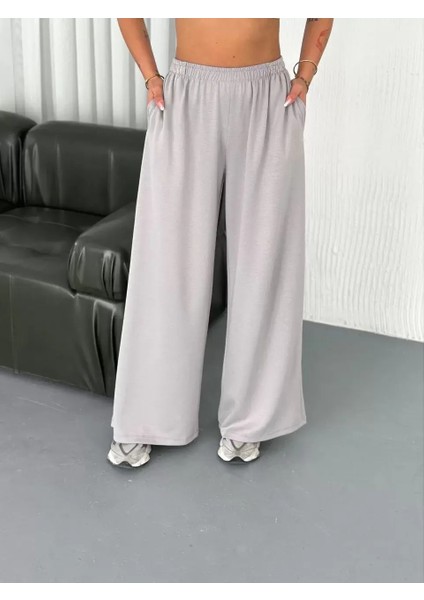Osy Modal Yumuşak Dokulu Kumaş Bisiklet Yaka T-Shirt Bol Paça Pantalon Ikili Takım - Boyalı Gri