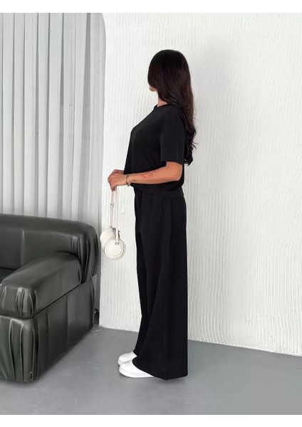 Osy Modal Yumuşak Dokulu Kumaş Bisiklet Yaka T-Shirt Bol Paça Pantalon Ikili Takım -Siyah
