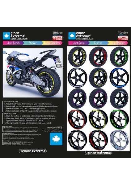Moto Rider 4'lü Sticker Seti Yaldızlı Gold Iç Dış Jant Şeridi Kask ve Çamurluk Çınar Extreme