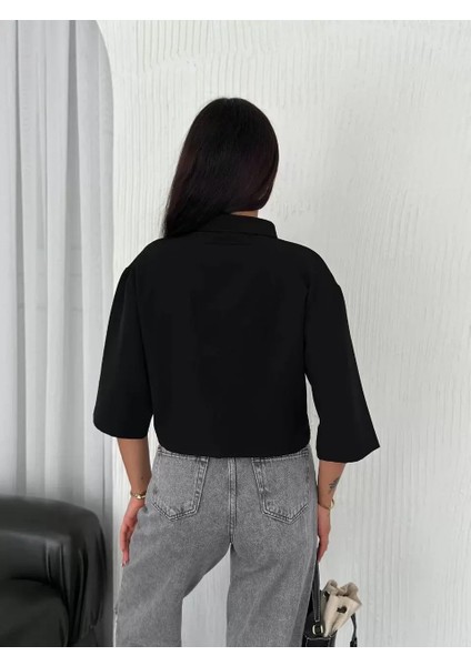 Z Krep Kadın Crop Yakalı Gömlek Ilik Düğmeli Üç Çeyrek Sleeve Kol - Siyah