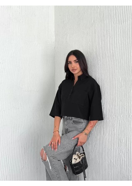 Z Krep Kadın Crop Yakalı Gömlek Ilik Düğmeli Üç Çeyrek Sleeve Kol - Siyah