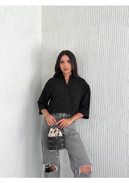 Z Krep Kadın Crop Yakalı Gömlek Ilik Düğmeli Üç Çeyrek Sleeve Kol - Siyah