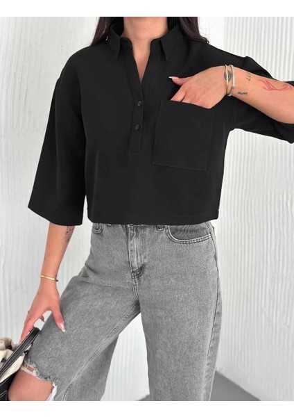 Z Krep Kadın Crop Yakalı Gömlek Ilik Düğmeli Üç Çeyrek Sleeve Kol - Siyah