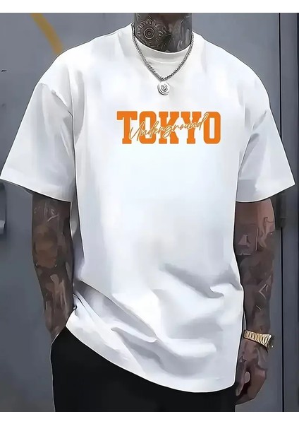 Erkek Turuncu Spor Araba Grafik Tişört - "tokyo" Baskılı Günlük Oversize Kısa Kollu Tişört, Yetişkinler Için Yazlık Giyim, Turuncu Araba Tasarımı - Beyaz