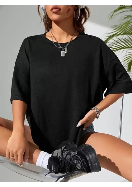 Büyük Boy Ayıcık Baskılı Bisiklet Yaka T-Shirt, Ilkbahar & Yaz Için Rahat Kısa Kollu T-Shirt, Kadın Giyim - Siyah