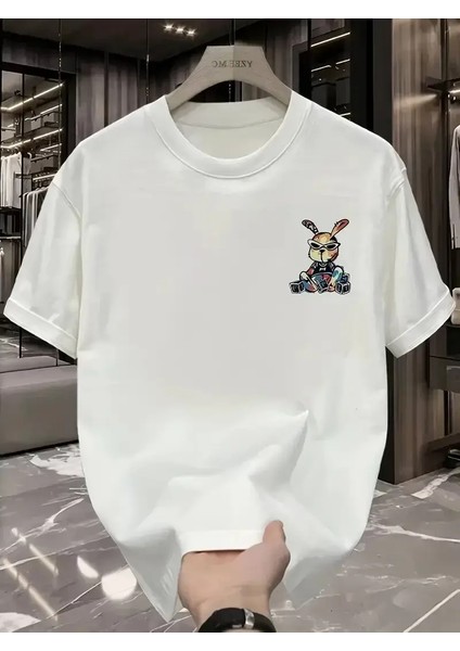 Güneş Gözlüğü Grafikli Karikatür Tavşan Oversize Kısa Kollu Tişört Çift Tişört, Ilkbahar ve Yaz - Beyaz
