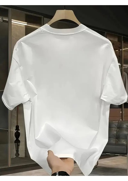 Pembe Panter Baskılı Erkek Oversize Günlük Kısa Kollu Tişört Ilkbahar ve Yaz Için Mükemmeldir - Beyaz