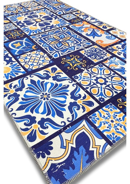 Patchwork Seramik Desenli Dokuma Tabanlı Yazlık Halısı Çini Desenli Oturma Odası Halısı