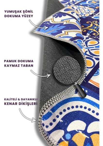 Patchwork Seramik Desenli Dokuma Tabanlı Yazlık Halısı Çini Desenli Oturma Odası Halısı