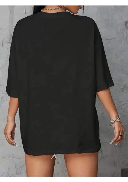 20/1 Penye Compack Baskılı Oversize Kahve Desenli Kadın Kısa Kol Yazlık T-Shirt - Siyah modelleri