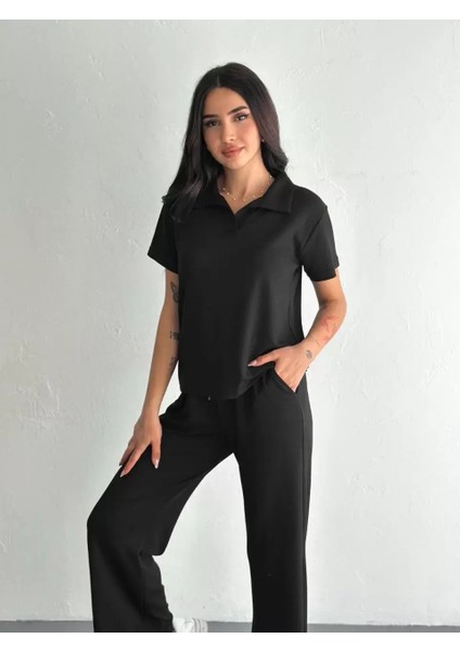 Osy Modal Yumuşak Dokulu Kumaş Kısa Kollu Yakalı T-Shirt Pantalon Ikili Takım- Siyah