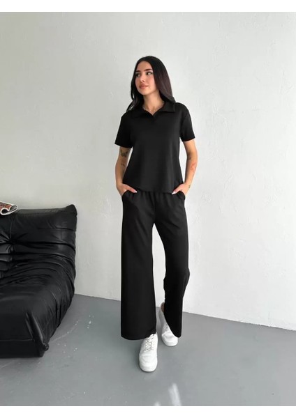 Osy Modal Yumuşak Dokulu Kumaş Kısa Kollu Yakalı T-Shirt Pantalon Ikili Takım- Siyah