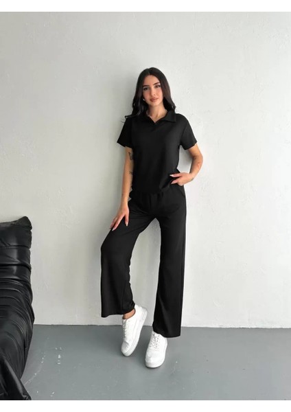 Osy Modal Yumuşak Dokulu Kumaş Kısa Kollu Yakalı T-Shirt Pantalon Ikili Takım- Siyah