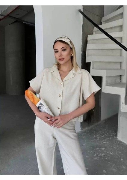 Keten Kısa Kollu Gömlek Pantolon Ikili Kısa Ilik Düğmeli Bol Paça Takım - Beyaz