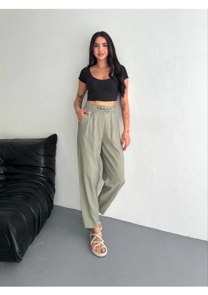 Tencel Kadın Yüksel Bel Beli Bağcıklı Cepli Rahat Paça Pantalon - Su Yeşili