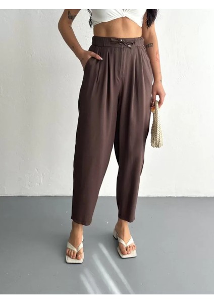 Tencel Kadın Yüksel Bel Rahat Boru Paça Pantalon - Kahverengi