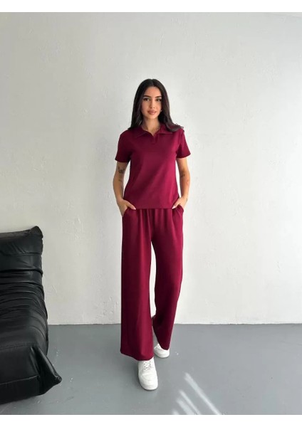 Osy Modal Yumuşak Dokulu Kumaş Kısa Kollu Yakalı T-Shirt Pantalon Ikili Takım- Bordo