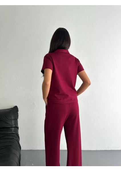 Osy Modal Yumuşak Dokulu Kumaş Kısa Kollu Yakalı T-Shirt Pantalon Ikili Takım- Bordo